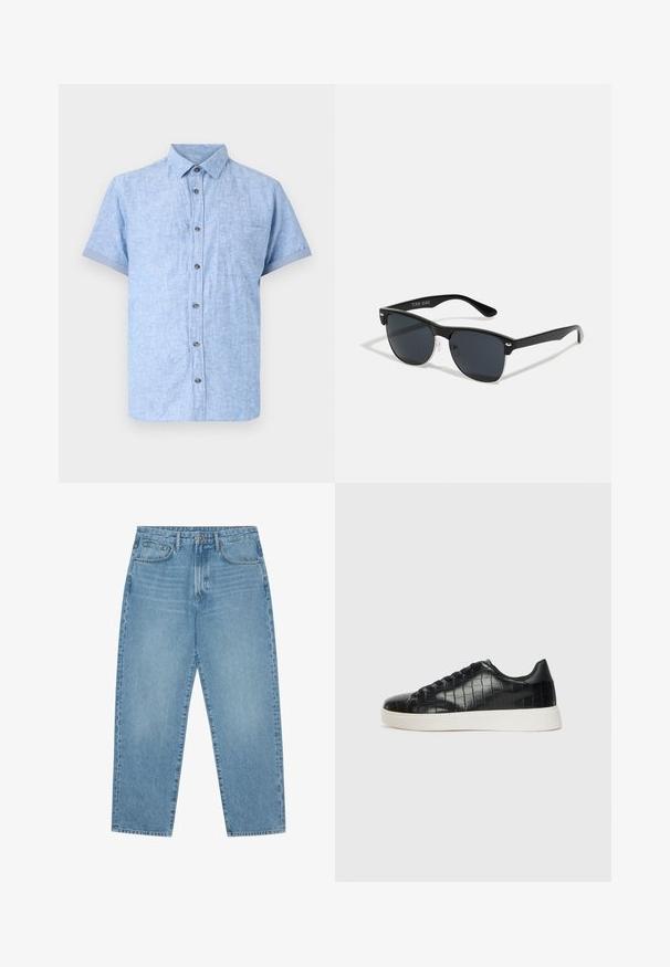 Svetlo modra kratka majica z rokavi, izdelana iz teksturiranega materiala, z gumbom za zaklepanje spredaj, žeparjem in zavitimi manšetami.; Svijetloplavi traper široki traperice s visokim strukom, s pet džepova, petljama za remen i mekom, pomalo izblijedjelom teksturom.; Črne športne copate z zgornjim delom iz teksturirane usnjene tkanine s kroko, zaobljenim nosom in kontrastnim belim gumijastim podplatom z gladko površino.; Črne sončne naočare pravokotne oblike, temna leča, srebrni detajli na ušesih in mat površina na okvirju.