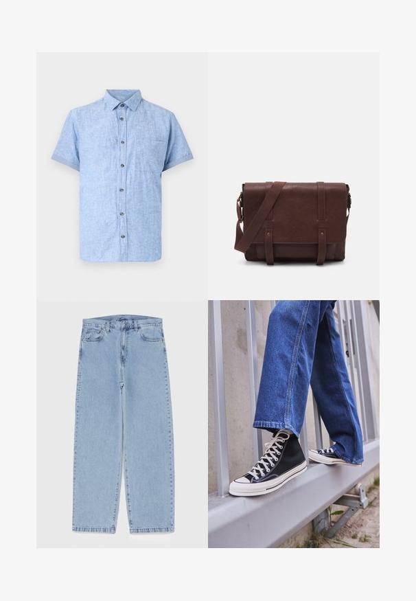 Světle modrá košile s krátkým rukávem vyrobená z texturované látky, s knoflíkovou přední částí, náprsní kapsou a ohrnutými manžetami.; Světle modré džíny s rovnými nohavicemi, středním pasem, pěti kapsami a zapínáním na knoflík a zip.; Černé vysoké tenisky s bílou podrážkou a tkaničkami, v kombinaci s volnými modrými džíny, odpočívající na šedém zábradlí.; Hnědá kožená taška přes rameno s plochým předním klopem, dvěma popruhy, zlatými kovovými detaily a nastavitelným ramenním popruhem.