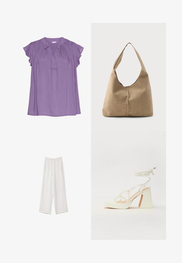 Lila Bluse mit kurzen, schwingenden Ärmeln, runder Ausschnitt, gebundenem Detail an der Vorderseite und glattem, fließendem Stoff.; Weiße weit geschnittene Hose aus leichtem Stoff. Mit einem elastischen Bund und Kordelzug sowie Seitentaschen. Glatte Textur.; Weiße High-Heel-Sandale mit einem klobigen Absatz, die über ein Riemchendesign und ein Knöchelband verfügt. Glatte Textur mit einer Plattform vorne für zusätzliche Höhe.; Hobo-Tasche aus weichem beigen Wildleder mit einer lässigen Form, breitem Schulterriemen und einer handgestickten Nahtdetail entlang der Vorderseite.