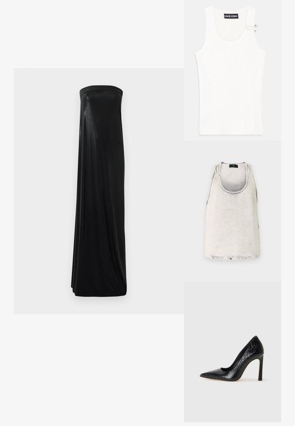 Kokvilnas topiņš izbalējusi baltā krāsā ar apaļu kakla izgriezumu un sānu šuvēm. Raksturīga viegla tekstūra un neliela zīmola birka pie kakla izgriezuma.; Melna strapless maxi kleita, izgatavota no gludas, spīdīgas auduma. Ar pieguļošu augšdaļu un plūstošu siluetu, kas sasniedz zemi bez rotājumiem.; Balts ribota bez piedurknēm topiņš ar apaļu dekoltē un metāla akcentu uz pleca. Mīksta tekstūra, pieguļošs dizains.; Melni augstpapēžu apavi ar norādītu purngalu, ar krokodila ādas tekstūru, izceļoties ar elegantu dizainu, augstu stiletto papēdi un gludu melnu interjeru.; Melnas ādas rokturmais ar izliekumu, ar sudraba iedurtiem, sprādzi un divām sānu kabatām. Regulējams siksniņas garums dažādām nēsāšanas iespējām.