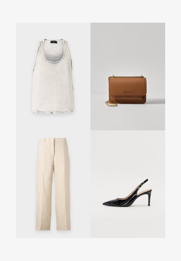 Bavlněný tílko ve vybledlé bílé barvě se splým výstřihem a bočními švy. Má jemnou texturu a malou značkovou etiketu na výstřihu.; Bežové lněné kalhoty s volným střihem, sklady na přední straně a rovnými nohavicemi. Mají pas s poutky na opasek a žádné viditelné kapsy.; Černé lakované slingback lodičky s špičatou špičkou, úzkým podpatkem a jemným výřezem. Obsahují zlatou sponu na řemínku.; Hnědá texturovaná kožená kabelka přes rameno se zlatým řetízkovým popruhem a klopnovým uzavíráním. Přední strana obsahuje detail loga a kapsu pod klopou.