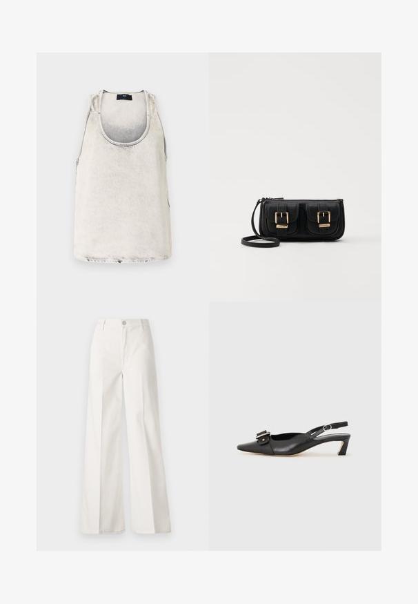 Džersinis tankinis blizgančios baltos spalvos su švelniu iškirpte ir šoninėmis siūlėmis. Pasižymi subtiliu tekstūru ir mažas prekės ženklo etiketė prie iškirptės.; Balti platūs baltos spalvos keliai, pagaminti iš medvilnės su lygiu paviršiumi. Yra priekinis mygtukas, užtrauktukas ir keturi kišenės.; Juodas odinis slingback batelis su smailiu nosiu, maža pakulne ir dekoratyvine sagtimi viršuje. Lygus paviršius, minimalistas dizainas.; Juodas odinis per petį nešiojamas krepšys su dviem priekiniais kišenėmis, auksiniais sagtimis, užtrauktuko uždarymu ir siauromis petnešomis. Textūruota paviršius ir kompaktiškas stačiakampis formatas.