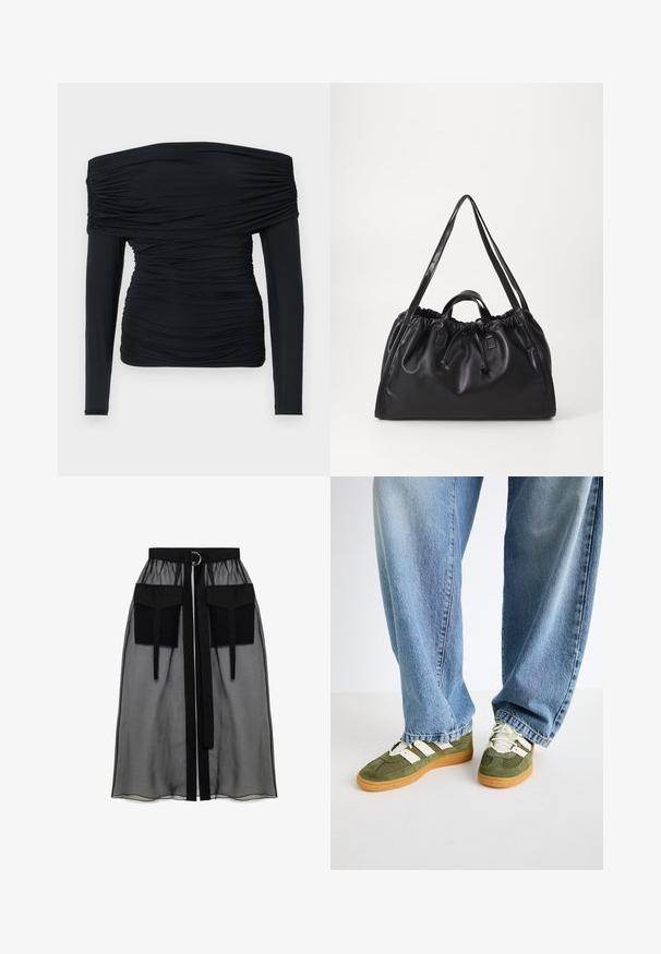 Čierny top s odhalenými ramenami, dlhými priliehavými rukávmi, drapovanou textúrou a telu priliehavým dizajnom. Vyrobený z mäkkej, elastickej tkaniny.; Čierna priesvitná sukňa s naťahovacím pásom, ktorá má dve veľké predné vrecká, opasok na viazanie a kruhový kovový akcent.; Zelené tenisky s bielymi pruhmi a textúrovaným vrchným materiálom, kombinované so svetlomodrými nadmernými džínsami, ktoré majú rovný strih.; Čierna kožená taška s riaseným vrchom, šnúrkovým uzáverom, dvojitými uchami a dlhými popruhmi na rameno. Hladká textúra a minimalistický dizajn.