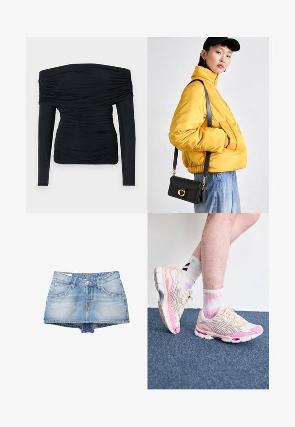 Czarny top bez ramiączek z długimi dopasowanymi rękawami, marszczoną strukturą i fasonem podkreślającym sylwetkę. Wykonany z miękkiego, elastycznego materiału.; Szorty dżinsowe w jasnoniebieskim kolorze z wyblakłym wykończeniem. Posiadają pięć kieszeni oraz zapięcie na guzik z przodu. Klasyczny krój z prostym dołem.; Beżowe i różowe sportowe sneakersy z srebrnymi akcentami, siateczkowymi nakładkami i grubą podeszwą. Noszone z kolorowymi skarpetkami tie-dye.; Żółta pikowana kurtka z wysokim kołnierzem i przednią kieszenią, połączona z czarną torbą na ramię z złotymi akcentami. Luźne dżinsowe spodnie.