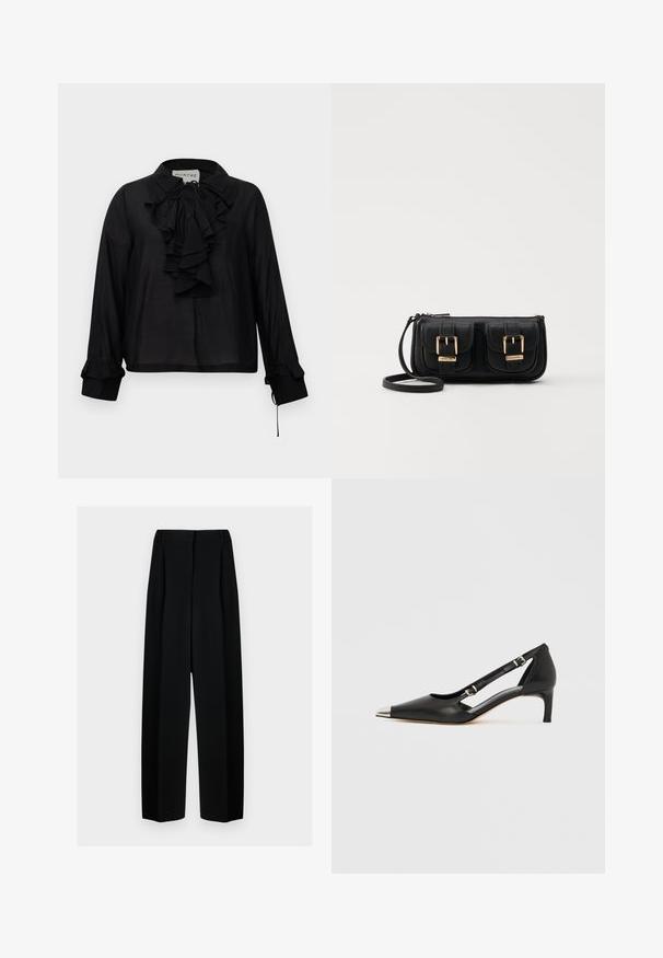 Juodą ilgomis rankovėmis palaidinę su raukiniais priekyje, rištuku aplink kaklą ir raukiniais ant rankogalių, rodoma prieš baltą foną.; Juodos plačios kelnės su aukštu liemeniu, su klostėmis ir glotnia tekstūra. Medžiaga atrodo lengva ir dailiai krenta.; Juodos odos bateliai su žemu kulniuku, smailiu sidabro spalvos pirštinės gaubtu ir dvigubais dirželiais, ant balto fono.; Juodas odinis per petį nešiojamas krepšys su dviem priekiniais kišenėmis, auksiniais sagtimis, užtrauktuko uždarymu ir siauromis petnešomis. Textūruota paviršius ir kompaktiškas stačiakampis formatas.