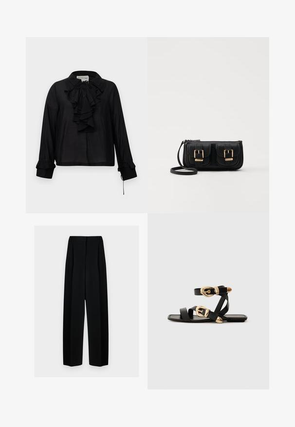 Blusa negra de mangas largas con volante en el frente, cuello con lazo y puños con volante, exhibida sobre un fondo blanco.; Pantalones de pierna ancha negros con cintura alta, que presentan pliegues y una textura suave. El tejido parece ligero y se drapea de forma elegante.; Sandalias de cuero negro con acentos de hebillas doradas, que cuentan con múltiples correas y un diseño de suela plana para usar con los dedos al aire.; Bolso cruzado de cuero negro con dos bolsillos frontales, hebillas doradas, cierre de cremallera y una correa delgada. Superficie texturizada y forma rectangular compacta.