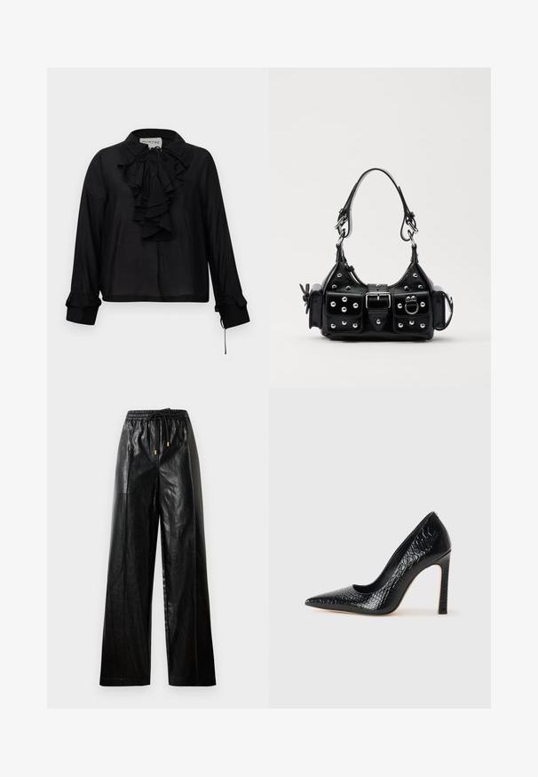 Mustakasta pitkähihaista paitaa, jossa on röyhelöitä edessä, nauhaliina kaula-aukko ja röyhelöillä varustetut hihansuut, esitelty valkoista taustaa vasten.; Mustat nahkaiset leveälahkeiset housut, joissa on joustava vyötärö, naru ja kultaiset yksityiskohdat. Sileä pinta ja väljä istuvuus.; Musta kapea nilkkakorkokenkä krokotiilin nahkakuviolla, joka on varustettu tyylikkäällä muotoilulla, korkealla stiletto-korkealla ja sileällä mustalla sisäosalla.; Musta nahkainen käsilaukku, jossa on kaareva muotoilu, hopeiset niitit, solki ja kaksi sivutaskua. Säädettävä olkahihna erilaisiin kantovaihtoehtoihin.