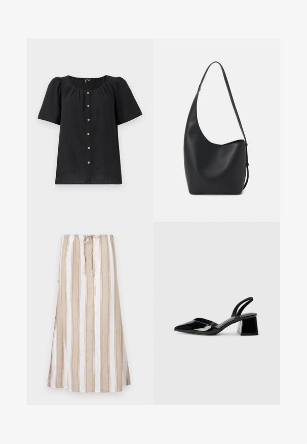 Fekete, rövid ujjú blúz kerek nyakkivágással és gombos elejével. Ráncolt részletekkel és fából készült gombdíszítésekkel rendelkezik az elülső részen.; Csíkos szoknya fehér és világosbarna színekben, húzózsinóros derékkal és hosszú, bájos ráncolással. Könnyű anyagból készült, laza szabással.; Fekete lakk bőr szandálkés magas sarkú cipő, hegyes orral és geometrikus tömbsarkakkal. Karcsú, minimalista dizájn és sima textúra jellemzi.; Fekete bőr hobo táska sima textúrával, ívelt formával és egyetlen állítható pánttal; széles nyílás található a tetején.