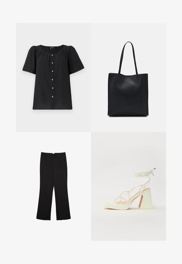 Črna bluzica s kratkimi rokavi in okroglim izrezom ter gumbnim zapiranjem spredaj. Ima gube in lesene gumbe ob plastronu.; Črne hlače ravnega kroja z naglavnimi žepi in stranskimi razporki na robu. Narejene iz mehke, gladke tkanine. Primerne za različne priložnosti.; Bela sandala na visokih petah s debelim petam, ki ima obliko trakcev in vezanje okoli gležnja. Gladka tekstura z platformo spredaj za dodatno višino.; Črna usnjena torba s svilnato teksturo, pravokotne oblike in dvema dolgima ročajema. Brez vidnih metalnih delov ali okrasnih elementov.