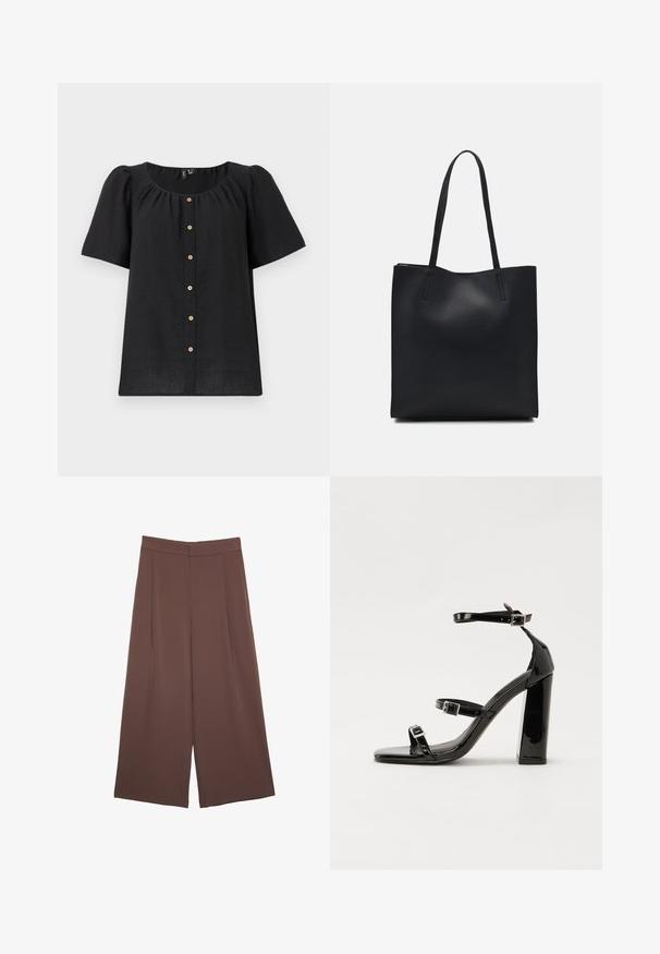 Blusa nera a maniche corte con scollo tondo e chiusura a bottoni. Presenta dettagli arricciati e inserti in legno lungo la pattina.; Pantaloni ampi marroni con una texture liscia, caratterizzati da una vita alta e pieghe frontali. Il tessuto è leggero e scorre liberamente.; Sandali con tacco in vernice nera, con punta squadrata, cinturini alla caviglia e fibbie in argento. Presentano un tacco a blocco spesso per maggiore stabilità.; Borsa tote in pelle nera con texture liscia, forma rettangolare e due manici lunghi. Nessun hardware o decorazione visibile.