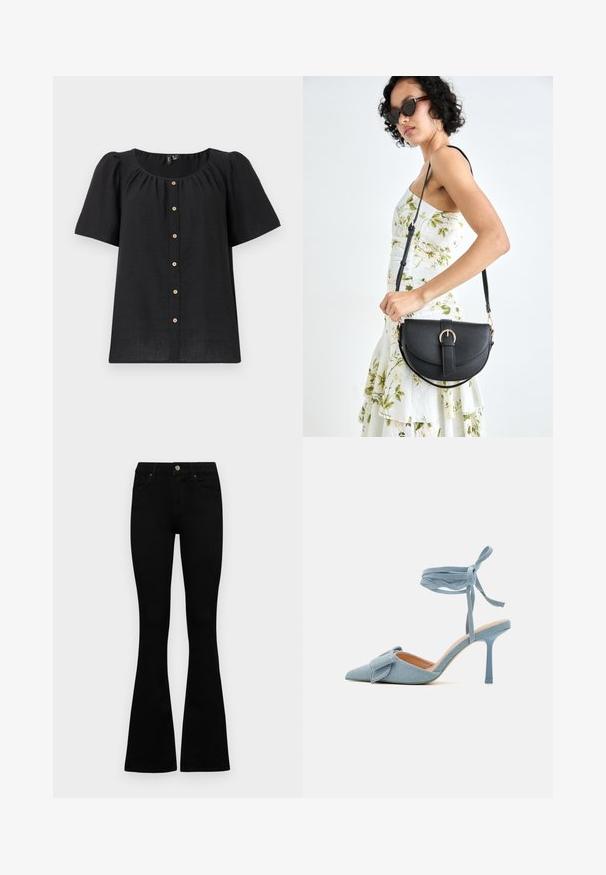 Black short-sleeve blouse with a round neckline and button front. Features gathered detailing and wooden button accents along the placket.; Black high-waist jeans with a button and zip closure, front pockets, and flared legs laid flat on a white background.; Pointed-toe high heel shoe in light blue fabric with a textured finish, featuring a bow accent and ankle strap for secure fit.; Black leather handbag with a curved shape, detachable strap, and gold hardware. The bag features a flap with a buckle detail.
