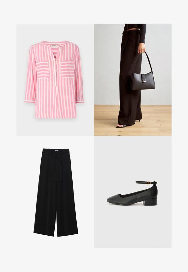 Gaiši rozā blūze ar vertikālām baltām svītrām, ar V veida kakla izgriezumu, trim ceturtdaļVai piedurknēm un divām krūšu kabatām. Mīksts auduma tekstūras.; Melni platleņķa bikses ar teksturētu audumu, elastīgu jostu un noņemamu siksnu viduklī, kas nodrošina regulējamu piegulšanu.; Melnas ādas sūkņi ar smailu purngalu un zemu bloku papēdi. Iezīmēts ar potītes siksniņu ar zelta krāsas sprādzi. Gluda tekstūra.; Melnā somiņa ar strukturētu formu, gludu tekstūru un metālu sprādzi. Saskaņota ar platām melnām biksēm un sandālēm ar atvērtu purngalu uz koka grīdas.