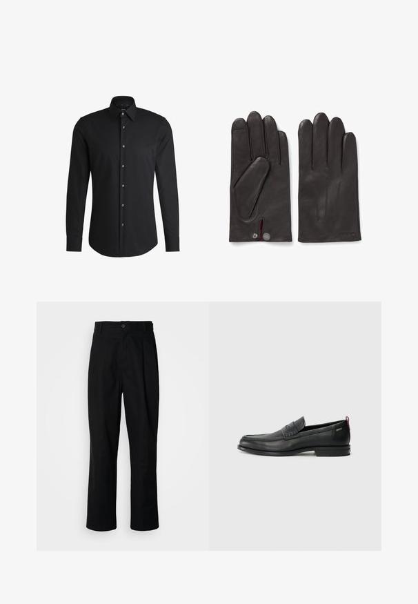 Črna dolgoračna majica iz gladkega materiala, s klasičnim ovratnikom, sprednjim gumbom in zaobljenim robom ter srebrnimi gumbi.; Črne hlače ravnega kroja z gumbastim pasom, zanke za pas in sprednjim pregibom, prikazane na enobarvnem belem ozadju.; Črne usnjene loafer čevlje z teksturiranim sprednjim delom in gladkimi stranmi. Imajo ozko peto in zadnji zanko za enostavno obuvanje. Klasična zasnova.; HUGO JAAN - Rokavice - dark brown four