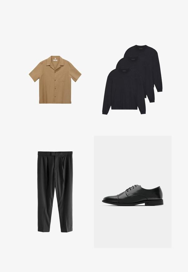 Košela na gombíky s krátkym rukávom zo svetlohnedého materiálu, s vreckom, rovný spodný lem a klasický golier. Hladká textura a uvoľnený strih.; Tričko s dlhým rukávom v čiernej farbe, vyrobené z mäkkého materiálu, so zaobleným výstrihom a priliehavými manžetami. Minimalistický dizajn bez viditeľných vzorov.; Next REGULAR FIT -CHECK SMART - Nohavice chinos - black; Čierne kožené spoločenské topánky s okrúhlou špičkou, šnurovací dizajn, jemné prešívanie a nízky podpätok. Hladká štruktúra s lesklým povrchom.