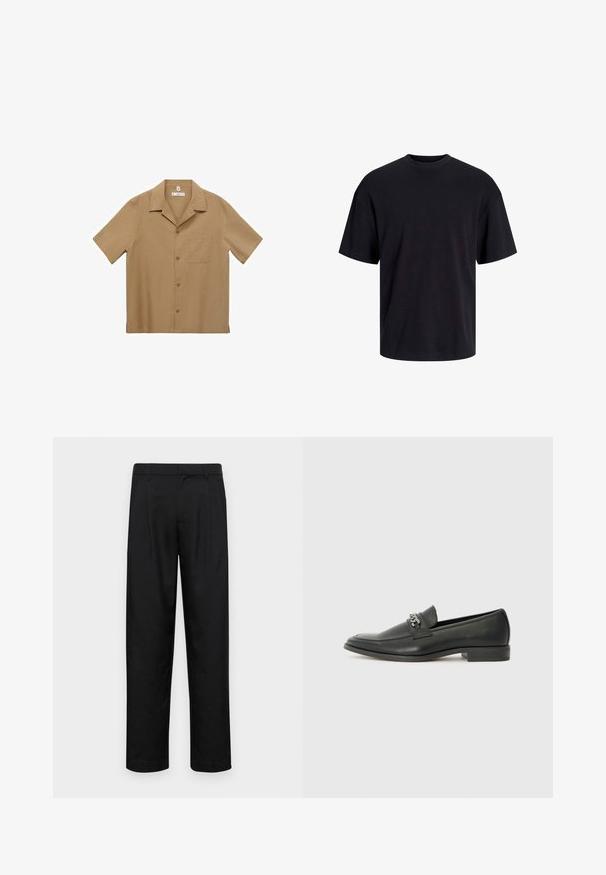 Košela na gombíky s krátkym rukávom zo svetlohnedého materiálu, s vreckom, rovný spodný lem a klasický golier. Hladká textura a uvoľnený strih.; Čierne bavlnené tričko s okrúhlym výstrihom, krátkymi rukávmi a uvoľneným strihom. Hladká textúra bez viditeľných vzorov alebo akcentov.; Čierne nohavice vyrobené z hladkej tkaniny, s rovnými nohavicami, dvoma prednými skladmi a štandardným pásom s pútkami na opasok.; Čierne kožené loafers s hladkým povrchom, s prešitým dizajnom a dekoratívnym kovovým reťazovým akcentom cez priehlavok. Plochý podpätok.