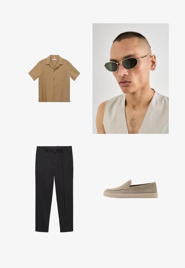 Kortærmet skjorte med knapper i lysebrunt stof, med lomme, lige kant og klassisk krave. Glat tekstur og afslappet pasform.; Sorte skræddersyede bukser lavet af glat stof, med flad front, bæltestropper og sidelommer. Lige ben-design.; Beige ruskinds slip-on sko med afrundet tå, lavprofil design og en struktureret overflade. Har en diskret syning langs overdelen.; Guldindfattede solbriller med ovale sorte linser. Har tynde stænger og et minimalistisk design. Indfatningen har subtile detaljer og en poleret finish.