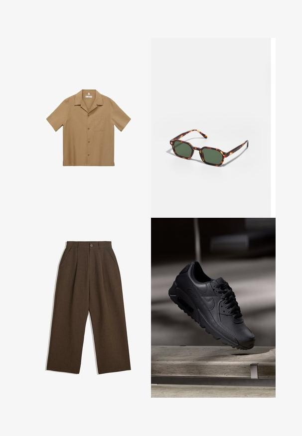 Hedvábná košile s krátkým rukávem ze světle hnědé látky s kapsou, rovný lem a klasický límec. Hladká textura a uvolněný střih.; Hnědé skládací kalhoty s širokým střihem, vybavené zapínáním na knoflík a bočními kapsami, vyrobené z texturované tkaniny vhodné pro volnočasové nošení.; Černé tenisky Nike Air Max s texturovaným koženým svrškem, gumovou podrážkou a výrazným systémem šněrování, který vyniká svým elegantním a moderním designem.; Kočičí brýle v barvě želvoviny se zelenými skly, s osmiúhelníkovým tvarem a úzkými, zakřivenými stranami. Materiál má lesklý povrch.