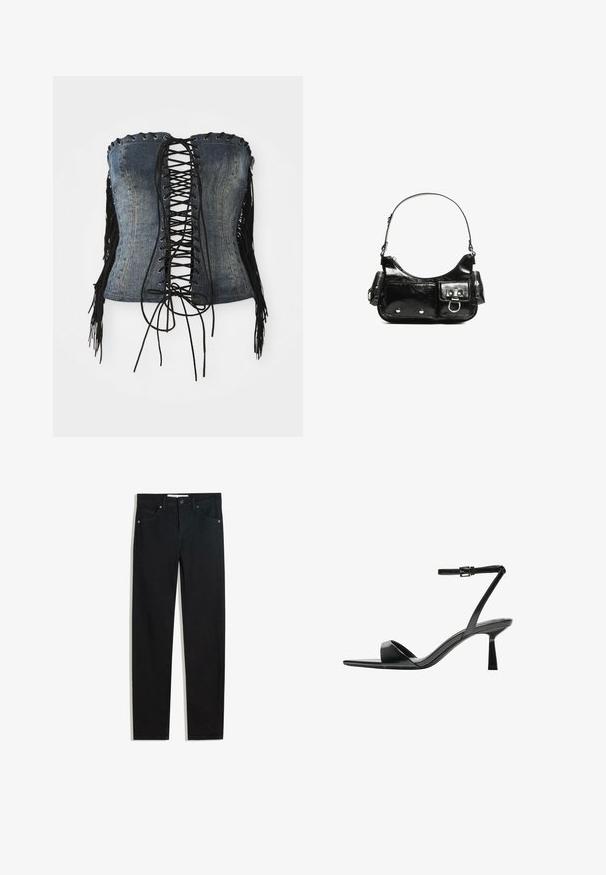 Corset fără bretele din denim, cu un sistem de închidere tip dantelă neagră, ochiuri argintii și accente de franjuri negri pe părțile laterale. Dispunând de un design structurat și o textură uzată.; Pantaloni din denim negri cu un design drept, cinci buzunare, închidere cu nasture metalic și detalii subtile de cusătură. Textură netedă.; Bershka Sandale cu toc - black; Geantă de mână din piele lăcuită neagră, cu o formă curbată, un umăr, buzunare frontale și accente din metal argintiu.