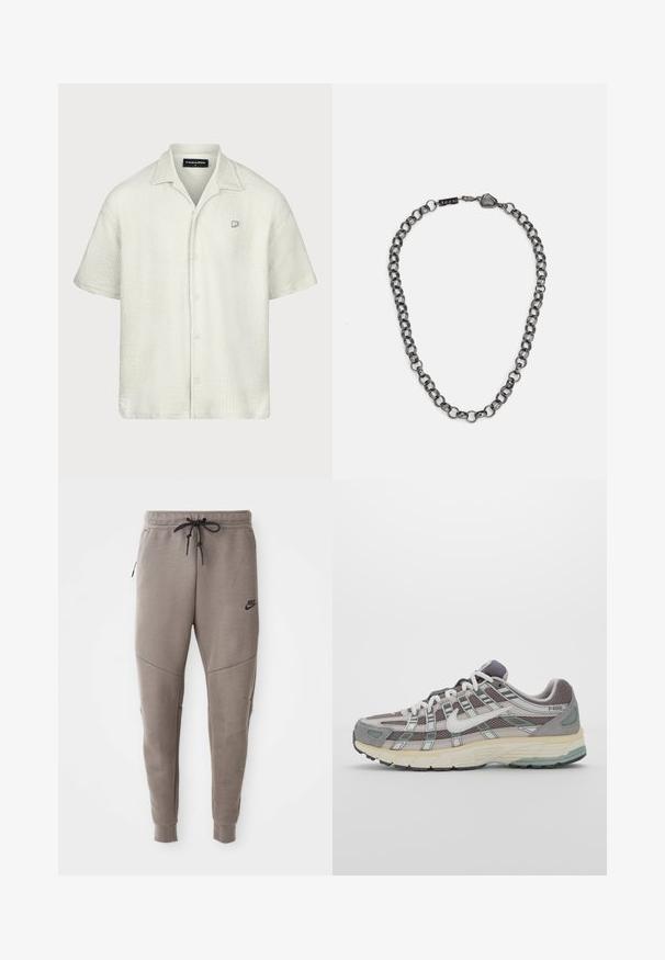 Kurzarmhemd in hellgrau mit strukturiertem Muster, Kragen und Knopfverschluss vorne; verfügt über ein kleines Logo auf der linken Brust.; Drei weiße, gerippte Tanktops aus Baumwolle. Merkmale einen Rundhalsausschnitt und kleine schwarze Etiketten am Saum. In mehreren Größen erhältlich.; Graue Nike-Sweatpants mit einem Kordelzugbund, schmal zulaufenden Beinen, seitlichen Taschen und auffälliger Nahtgestaltung. Weicher, strukturiert Stoff.; Grauer Sportschuh mit einem Obermaterial aus Mesh und Wildleder, weißen Akzenten, einer gepolsterten Sohle und einem charakteristischen Design mit reflektierenden Elementen.; Metallkettengesicht mit verlängerten Gliedern in einer dunklen Graphitfarbe. Enthält ein geometrisches Akzent- und Verschlussdetail mit Markenlogo.