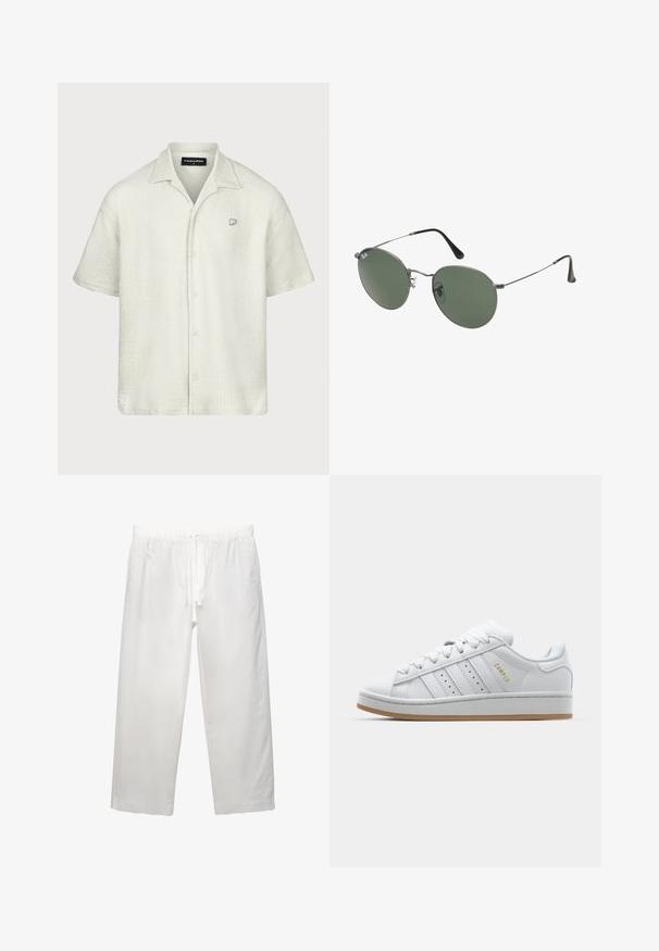 Camicia a maniche corte di colore grigio chiaro con un motivo testurizzato, colletto e chiusura con bottoni frontali; presenta un piccolo logo sul lato sinistro del petto.; T-shirt bianco in cotone con maniche corte, scollo rotondo e vestibilità rilassata. Texture liscia senza pattern o dettagli visibili.; Pantaloni bianchi in lino con cintura elastica e cordoncino, design a gamba ampia e cuciture pulite. Texture liscia con vestibilità casual.; Sneaker bianca con design a tre strisce perforate, dettagli testurizzati, suola in gomma e logo "CAMPUS" in oro sul lato.; Occhiali da sole con montatura in metallo e lenti verdi ovali. Montatura sottile in metallo argento e terminali neri. Design minimalista, senza loghi visibili.