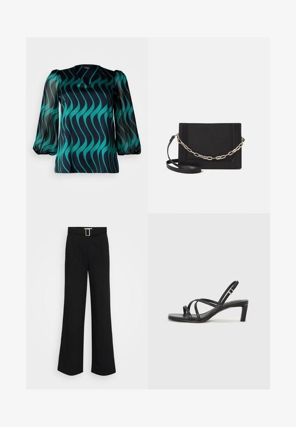 Dark navy blouse with teal wave pattern, V-neckline, and sheer puff sleeves. Smooth fabric with a slightly relaxed fit.; Black wide-leg trousers made of lightweight fabric, featuring a smooth texture, front pleats, and a belt with a square metal buckle.; Black strappy sandal with a square toe and a low block heel. Features multiple thin straps and an adjustable ankle strap. Made of smooth leather.; Black leather crossbody bag featuring a smooth texture, rectangular shape, and a metallic chain detail on the front. Adjustable strap included.
