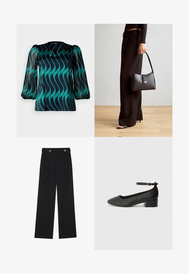 Dark navy blouse with teal wave pattern, V-neckline, and sheer puff sleeves. Smooth fabric with a slightly relaxed fit.; Black wide-leg trousers with high waist, button details on waistband, and front pleats.; Black leather pump with a pointed toe and a low block heel. Features an ankle strap with a gold-tone buckle. Smooth texture.; Black handbag with structured shape, smooth texture, and a metallic clasp. Paired with wide black pants and open-toe sandals on wooden floor.