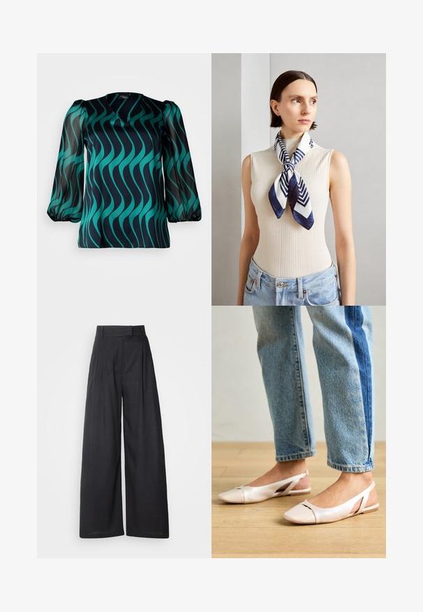 Tamsiai mėlyna palaidinė su žalia banga, V formos iškirpte ir permatomomis pūstomis rankovėmis. Lygus audinys su šiek tiek laisvu siluetu.; Tamsūs, plačiai sėdintys kelnių su struktūrizuotu juosmeniu ir gyslomis. Pagaminti iš lengvos medžiagos, pasižyminčios glotnia tekstūra ir be matomų raštų.; Šviesiai rožiniai slingback baleto bateliai su smailiu pirštu, pagaminti iš lygios odai panašios medžiagos. Yra išpjovimų detalės šonuose ir plokščias kulnas.; Šilkinė šalikas tamsiai mėlynos ir baltos spalvos su geometriniu zigzagu raštu. Lygus tekstūros, tvarkingai surištas aplink kaklą, papildantis raukšlėtą viršų.