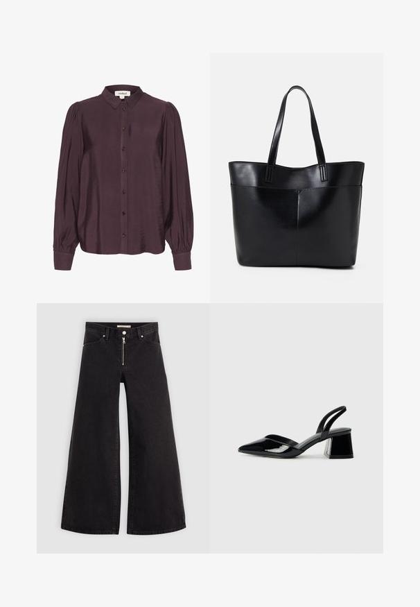 Blúzka v slivkovej farbe z lesklej, ľahkej tkaniny. Má zapínanie na gombíky vpredu, dlhé rukávy s naťahovanými manžetami a klasický golier.; Dlhé nohavice vo voľnom strihu z čierneho denimu so zipsom vpredu, päť vrecúškovým dizajnom a jemnými stehovými detailmi. Hladká textúra a neformálny štýl.; Čierne lakované kožené sandálové podpätky s špicatou špičkou a geometrickým blokovým podpätkom. Disponujú elegantným, minimalistickým dizajnom a hladkým povrchom.; Čierna kožená tote taška s dvoma dlhými rúčkami, hladkým povrchom a štruktúrovaným tvarom. Obsahuje prednú kapsu pre dodatočné uskladnenie.