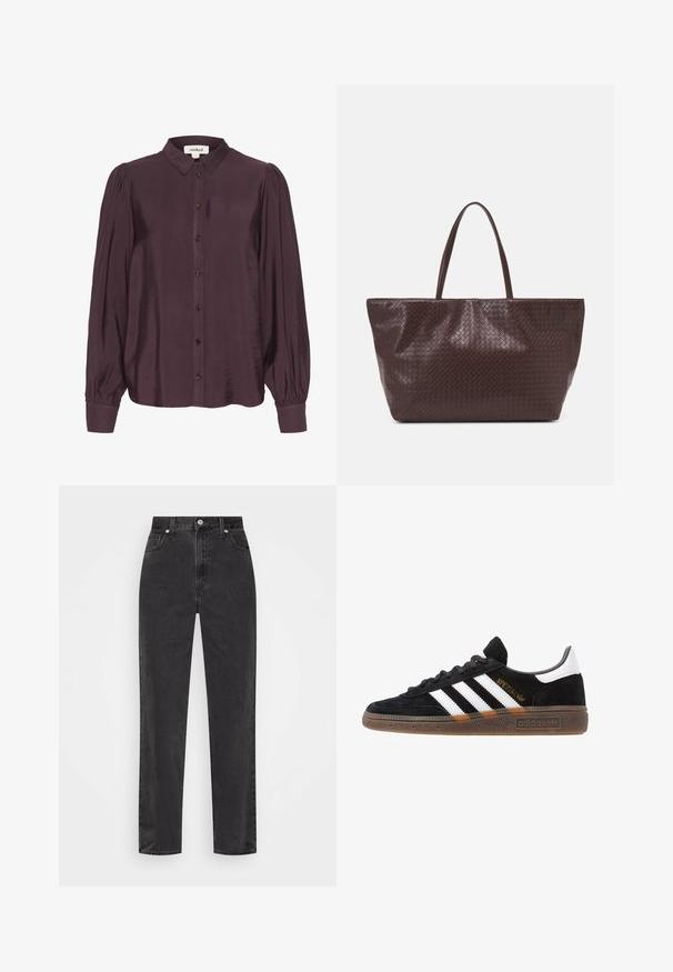 Szilvászíne blúz fényes, könnyű anyagból. Gombos elülső résszel, hosszú ujjakkal, amelyek redőzött mandzsettával végződnek, és klasszikus gallérral rendelkezik.; Fekete, egyenes szárú farmernadrág, magas derékkal, elülső gombbal és cipzárral, valamint öt zsebes stílussal, fehér háttérrel.; Fekete Adidas sneaker fehér csíkokkal, arany "Spezial" felirattal, gumitalppal és fehér saroktabbal, profil nézetben bemutatva.; Barna szövött bőr táska két fogantyúval, strukturált formával és texturált felülettel, kiemelkedő gyémántmintával.