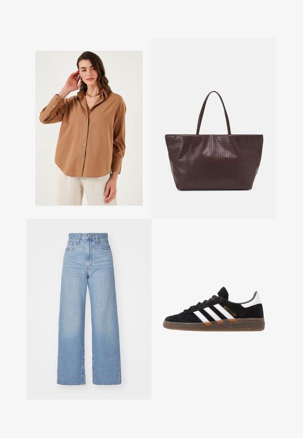 Brūna pogu krekls ar brīvu piegriezumu, garām piedurknēm un nedaudz izliekto apakšmalu; izgatavots no viegla auduma ar maigu tekstūru.; Gaiši zili augstās jostas vidukļa platās bikses ar priekšējo pogu un rāvējslēdzēju, priekšējām un aizmugurējām kabatām uz baltā fona.; Melnas Adidas sporta kurpes ar baltām svītrām, zelta "Spezial" uzrakstu, gumijas zoli un baltu papēža daļu, attēlotas profila skatījumā.; Brūna austs ādas rokassoma ar divām rokturiem, strukturētu formu un teksturētu virsmu, ar diagonālu rakstu visā virsmā.