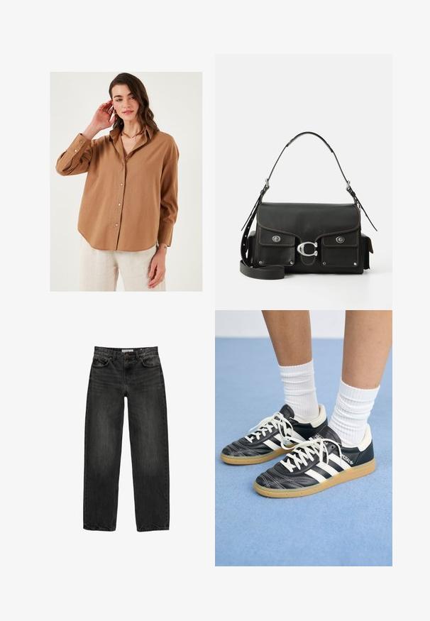 Cămașă maro, cu nasturi, cu un croi lejer, mâneci lungi și un tiv ușor curbat; realizată dintr-un material ușor, cu o textură subtilă.; Blugi negri din denim cu o croială lejeră, picior drept, design cu cinci buzunare și o textură ușor decolorată. Închidere cu nasture și fermoar în față.; Adidași din piele neagră cu dungi albe, vârful rotund, șireturi albe și talpă din cauciuc natural. Accentuați de un guler căptușit și detalii de brand.; Geantă de piele neagră cu închidere prin clapetă, accesorii din argint, două buzunare frontale, cusături în contrast și un curea de umăr detașabilă.