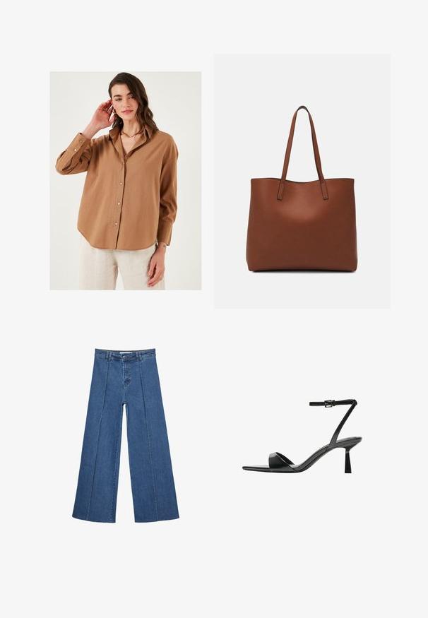 Smeđi košulja s gumbima, opuštenog kroja, dugim rukavima i lagano zakrivljenim rubom; izrađena od lagane tkanine s suptilnom teksturom.; Široke traperice u srednje plavoj boji, s visokim strukom, zatvaranjem na dugme i kontrastnim vertikalnim šavovima duž prednje strane.; Bershka Sandale s visokom petom - black; Smeđa kožna torba preko ramena s glatkom teksturom, otvorenim vrhom i dvjema naramenicama. Ima minimalne šavove i nema vidljivog hardvera.