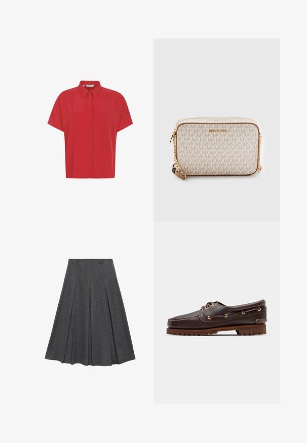 Rotes kurzärmeliges Hemd aus leichtem Stoff, mit einem Button-Down-Kragen und geradem Schnitt. Glatte Textur ohne Muster.; Grauer, plissierter Rock mit ausgestellt Form, aus weichem Stoff. Verfügt über vertikale Falten und einen glatten Bund für einen figurschmeichelnden Look.; Braune Lederbootsschuhe mit goldenen Ösen, runden Schnürsenkeln und einer strukturierten braunen Gummisohle. Verfügt über genähte Details und ein erhabenes Logo.; Beige Umhängetasche aus Canvas mit einem sich wiederholenden MK-Logo-Muster, goldfarbenen Beschlägen und einem Kettenriemen. Mit Reißverschlussverschluss und Lederakzenten.