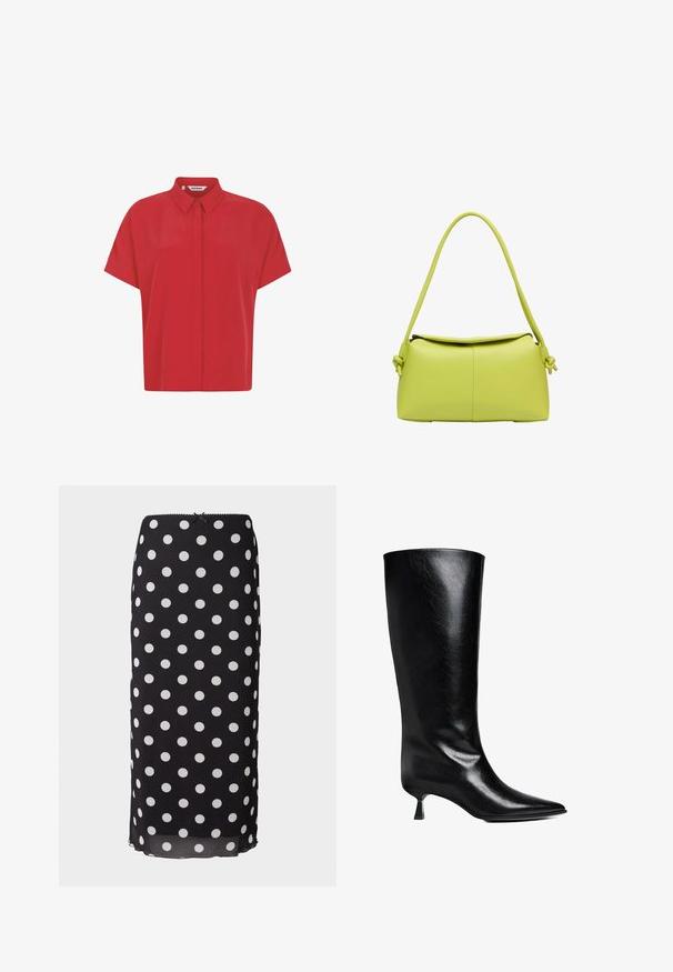 Red short-sleeve shirt made of lightweight fabric, featuring a button-down collar and a straight-cut design. Smooth texture with no patterns.; Black polka dot midi skirt made of lightweight fabric with white circular patterns, featuring a fitted waistband and subtle scalloped edge.; Black leather knee-high boot with a pointed toe, slim silhouette, and a low block heel featuring a glossy finish.; Lime green faux leather handbag with a structured, rounded shape and a single knotted handle. Smooth texture with a flap closure.