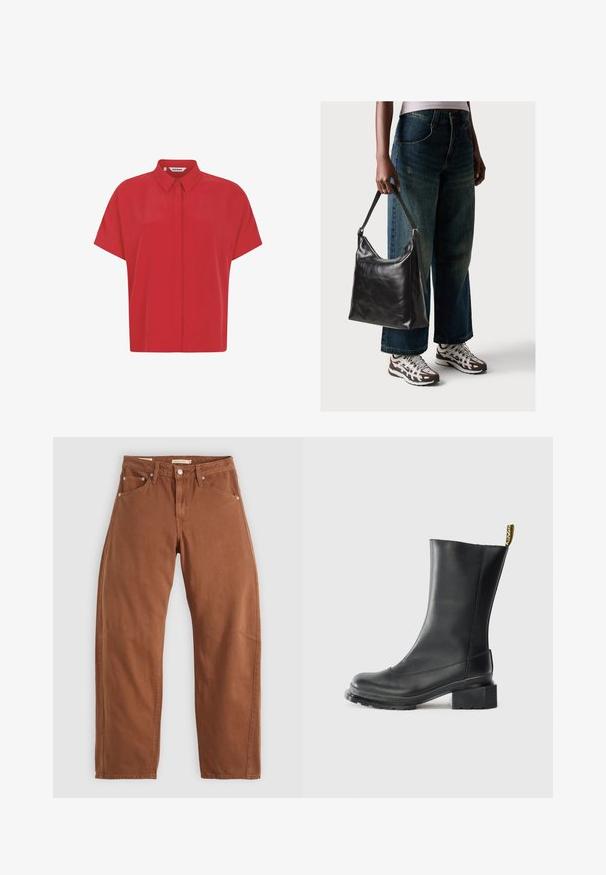 Camicetta rossa a maniche corte realizzata in tessuto leggero, con colletto a bottoni e una vestibilità dritta. Tessuto liscio senza motivi.; Jeans dritti di colore marrone ruggine con tasche anteriori e posteriori, rivetti metallici, chiusura con bottone e passanti per cintura, disposti su uno sfondo bianco.; Stivale alla caviglia in pelle nera con tacco a blocco, texture liscia, punta rotonda e linguetta sul tallone con branding giallo.; Borsa a tracolla nera in pelle con una texture liscia e tracolla regolabile, abbinata a jeans ampi sbiaditi e sneakers sportive.