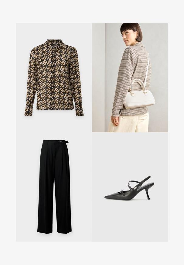 Mustritsikinnaga mustast kangast, millel on kuldne ja valge geomeetriline muster. Omab pikki varrukaid ja klassikalist kraediaini.; Mustad kõrge vöökohaga mustad laiad püksid, millel on ees voldid ja vöö, millel on pandla. Valmistatud siledast ja kergest kangast.; Must musta slingback kontsad, terava nina, peenike konts ja dekoratiivne pandla detail peal. Sile tekstuur ja stiilne disain.; Valge struktureeritud käekott lühikeste käepidemete ja õlavööga, millel on kuldse riistvara aktsendid ja tekstuuriga materjal, eksponeeritud halli taustal.