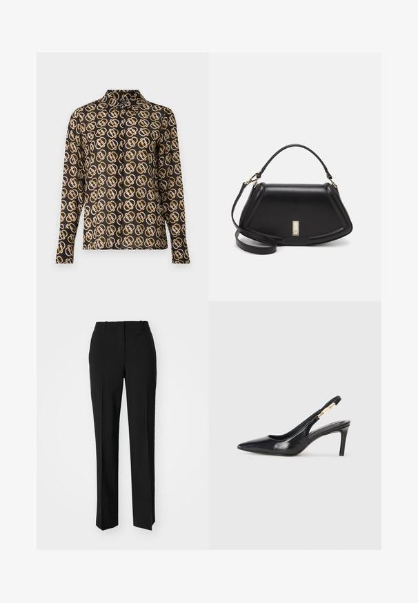 Juodas mygtukinis marškiniai iš audinio su auksine ir balta geometrine raštu. Su ilgomis rankovėmis ir klasikinio apykaklės dizainu.; Juodi pritaikyti kelnių modeliai su tiesiomis kojomis, pasižyminčios lygiomis tekstūromis ir ryškiomis klostėmis priekyje. Nėra matomų detalių.; Juodos odinės slingback aukštakulniai batai su smailiu pirštu, lygiu paviršiumi ir siaura kulkšnies juosta su auksiniais akcentais.; Juoda odinė rankinė su struktūrizuotu dizainu, turi trumpą formą, viršutinę rankeną ir auksinius akcentus. Pridėtas reguliuojamas peties diržas.