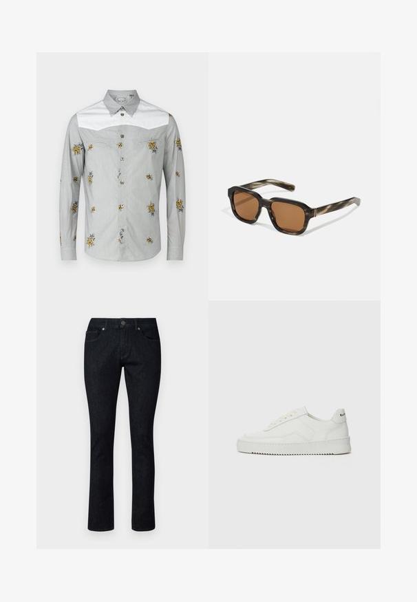 Hedvábná košile s dlouhým rukávem v světle šedé barvě s bílým sedlem, zdobená žlutou květinovou výšivkou a stříbrnými knoflíky. Měkká tkanina s hladkým povrchem.; Tmavé džíny s rovnými nohavicemi, s předními kapsami, zapínáním na knoflík a kontrastním prošíváním. Žádné viditelné vzory nebo opotřebení.; Bílé kožené tenisky s hladkým povrchem, kulatou špičkou, plochými tkaničkami a texturovanou podrážkou. Na patě se nachází nenápadné logo.; Plastové sluneční brýle s želvovinovým vzorem, osmiúhlé hnědé čočky a tenké zlaté kovové detaily na rámu.