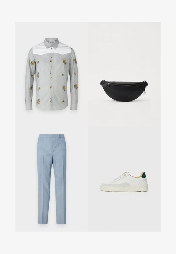 Hea hall pika varrukaga särk valge kaelakaarega, millel on kollane lilleline tikand ja hõbedased nööbid. Pehme kangas sujuva tekstuuriga.; Hele sinised triibulised püksid, millel on kitsas lõige ja vertikaalsed valged peentriibud. Valmistatud siledast kangast, millel on kohandatud disain.; Valged tennisjalanõud, millel on sametised aktsendid, ümar varvas, lame nöörid ja kreemjas kummine põhja. Hästi nähtav roheline bränding kannal.; Mustast nahast vöökott kumerate joontega, ülemise tõmbluku sulgemisega, reguleeritava rihmaga ja kareda tekstuuriga. Minimalistlik stiil hõbedaste detailidega.