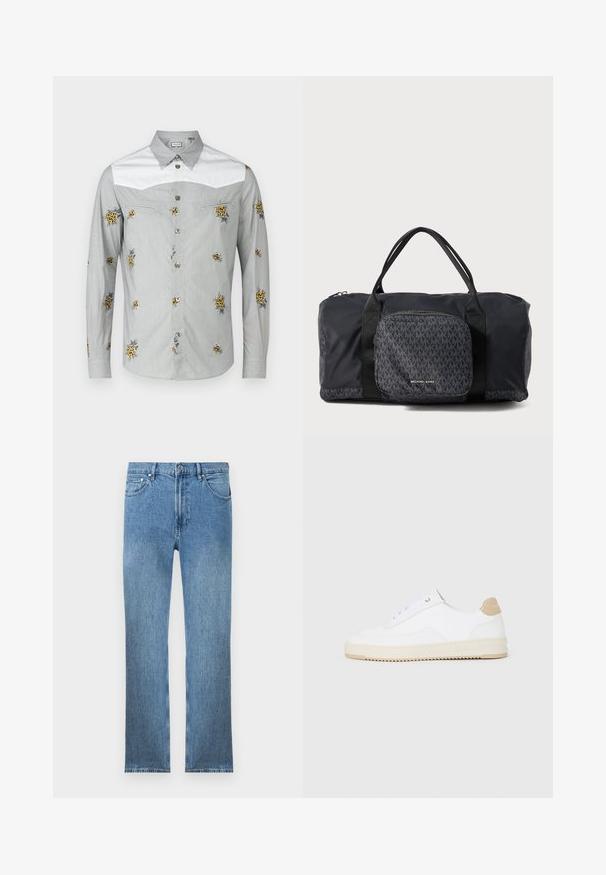 Chemise à manches longues en gris clair avec un empiècement blanc, ornée de broderies florales jaunes et de boutons argentés. Tissu doux avec une texture lisse.; Jean en denim bleu clair avec une coupe droite, cinq poches, une fermeture éclair et des coutures contrastantes. Le tissu a une finition lisse et texturée.; Baskets basses blanches avec un dessus en cuir texturé, semelle crémée à stries, et accent de talon tan. Présente des lacets blancs et un logo sur le talon.; Sac de voyage Michael Kors noir avec double poignées, poche à fermeture éclair à l'avant présentant un motif de logo MK répétitif et la marque Michael Kors.