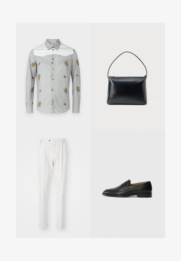 Langarmhemd in Hellgrau mit weißer Passe, featuring gelben Blumenstickereien und silbernen Knöpfen. Weicher Stoff mit glatter Textur.; Weiße, maßgeschneiderte Hosen mit flachem Bund, zwei Falten und umgeschlagenen Säumen. Hergestellt aus einem glatten Stoff mit einem Knopfverschluss an der Taille.; Schwarze Leder-Slipper mit runder Zehenform, dezenten gestickten Details und niedrigem Absatz, ausgestattet mit glatter Textur und minimalistischem Design.; Schwarze, glatte Lederhandtasche mit einem einzelnen, geschwungenen Henkel und einem oberen Reißverschlussverschluss, vor einem schlichten weißen Hintergrund präsentiert.