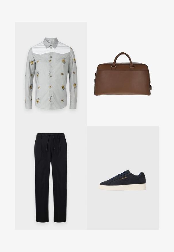 Chemise à manches longues en gris clair avec un empiècement blanc, ornée de broderies florales jaunes et de boutons argentés. Tissu doux avec une texture lisse.; Pantalons noirs en tissu lisse, avec une taille à cordon, des jambes droites et des plis avant pour un look structuré.; Baskets basses en daim bleu marine avec semelle blanche, lacets bleu marine et logo "Filling Pieces" en or sur le côté.; Duffle bag en cuir marron avec une texture lisse, deux poignées supérieures, fermeture zippée et un détail de logo subtil à l'avant.