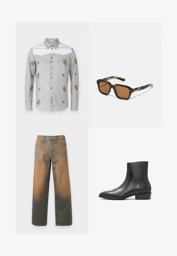 Langarmhemd in Hellgrau mit weißer Passe, featuring gelben Blumenstickereien und silbernen Knöpfen. Weicher Stoff mit glatter Textur.; Weite Jeans aus verwittertem blauem und braunem Denim. Sie haben eine hohe Taille, Vorderseiten-Taschen und einen klassischen Knopfverschluss mit metallischen Akzenten.; ALDO PILLOWWALK+FLEX INSIDE ZIP AMUR - Stiefelette - open black; Plastiksonnenbrille mit einem Schildkrötenmuster, oktagonalen braunen Gläsern und dünnen goldenen Hardwareakzenten am Gestell.; Schwarze Ledertasche in Crossbody-Form mit strukturiertem Oberflächenmaterial, Klappenverschluss und verstellbarem Riemen. Mit eingeprägtem "MARNI"-Logo in Silber.