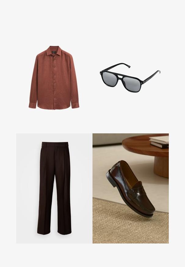 Koszula z długim rękawem w rdzawym kolorze z lnu, z przodem zapinanym na guziki, klasycznym kołnierzykiem i prostymi mankietami. Gładka tekstura z delikatnym połyskiem.; Brązowe spodnie o prostym kroju, z przodu plisą, gładką fakturą i klasycznym paskiem w talii. Idealne na formalne okazje.; Brązowe skórzane mokasyny o błyszczącym wykończeniu, z przeszyciem z przodu i niskoprofilową czarną gumową podeszwą.; Czarne okulary przeciwsłoneczne z prostokątnymi oprawkami, szarymi soczewkami i wycięciem w mostku. Gładki, błyszczący materiał plastikowy, z wąskimi zausznikami.