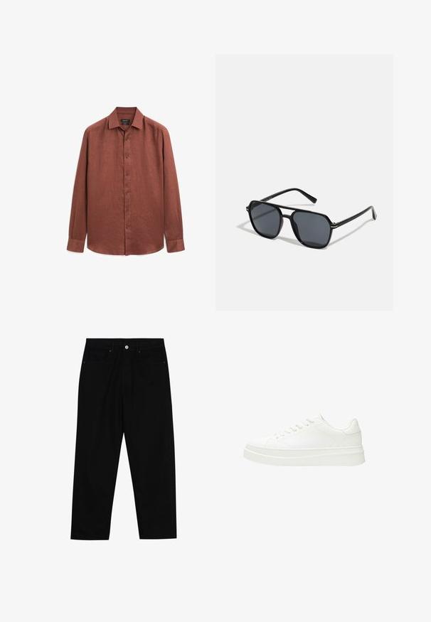 Langærmet skjorte i rustfarvet linned, med knaplukning foran, en klassisk krave og ensfarvede manchetter. Glat tekstur med en let glans.; Sorte denimbukser med lige ben, fem lomme-design og knaplukning foran. Glat tekstur med minimale syninger.; Hvid sneaker med en glat læderoverdel, flade snørebånd og en tyk gummisål. Minimalistisk design med diskret syning og glatte detaljer.; Sorte solbriller med oktagonal stel, mørke linser, blank overflade, fine stænger og guldaccenter på forsiden.