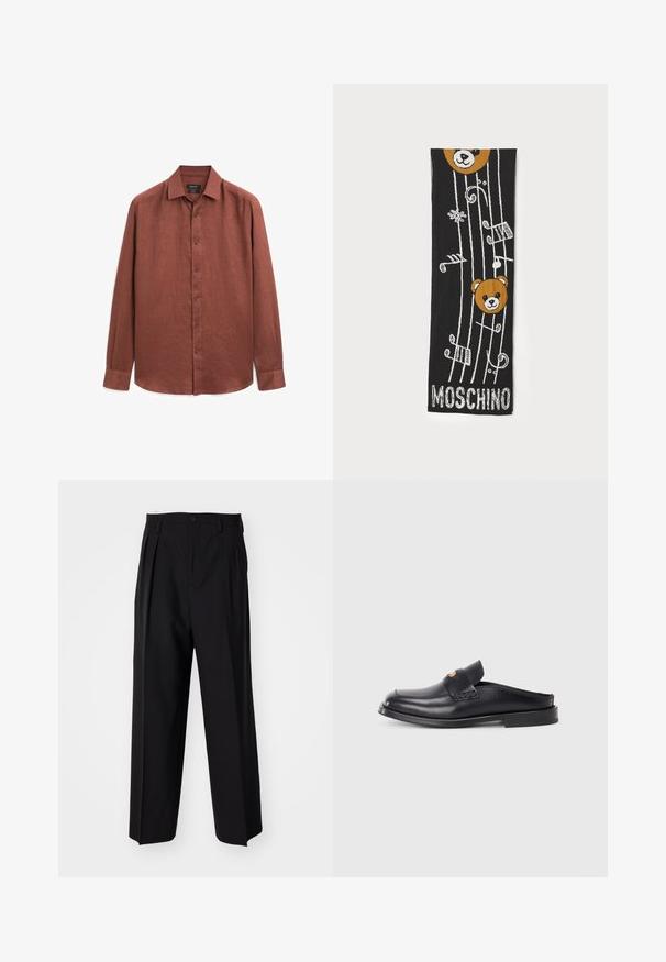 Camicia a maniche lunghe in lino color ruggine, con apertura a bottoni frontale, colletto classico e polsini semplici. Tessuto liscio con una leggera lucentezza.; Pantaloni neri a pieghe con un design dritto e gamba larga. Realizzati in tessuto morbido, con chiusura a bottone e passanti per cintura.; Scarpa nera in pelle senza lacci con punta rotonda, tacco basso e dettagli in design intrecciato sulla parte superiore. Presenta uno stile minimalista e una superficie liscia.; Sciarpa nera a maglia con due teste di orso bruno, note musicali e testo "MOSCHINO" in bianco nella parte inferiore. Texture morbida con design dettagliato.