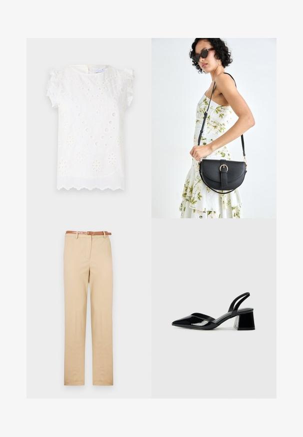 Cămașă albă cu broderie complexă, decupaje circulare și mâneci decorative cu volane, având un tiv cu vârful ondulat.; Chino bej dintr-un material ușor, cu o croială dreaptă, buzunare laterale și o curea din piele maro cu o cataramă rectangulară.; Pantofi cu toc slingback din piele lacuită neagră, cu vârf ascuțit și toc geometric. Prezintă un design elegant, minimalist și o textură netedă.; Geantă din piele neagră, cu o formă curbată, curea detașabilă și accesorii aurii. Geanta are un capac cu un detaliu tip cataramă.
