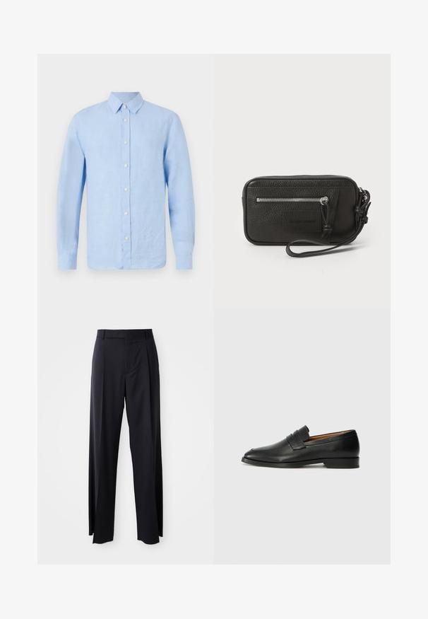 Tiger of Sweden SPENSER - Ing - summer sky; Fekete, magasan ültetett nadrág, széles szárai vannak, sima anyagból készült. Elülső redők és övhurkok jellemzik. Minimalista dizájn, látható fémalkatrészek nélkül.; Fekete bőr mokaszin, kerek orral, diszkrét varrásokkal és alacsony sarokkal, sima felülettel és minimalista dizájnnal.; Fekete bőr kézitáska texturált felülettel, elülső cipzáras zsebbel és levehető csuklópánttal. Elől logóval ellátott folt található. Téglalap alakú.