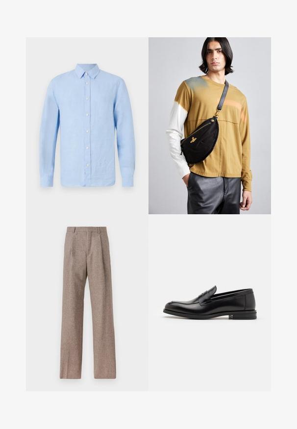 Tiger of Sweden SPENSER - Krekls - summer sky; Brūni, augstos šortos izgatavoti no teksturēta auduma. Iezīmē plašas kājas un divas priekšējās krokas, kas nodrošina struktūru. Kārtīga apdare bez redzamām detaļām.; Melnas ādas kurpes ar gludu tekstūru, noapaļu purngalu un dekoratīvu siksniņu pāri priekšpusei. Zems sakrauts papēdis, minimālisma dizains.; Vivienne Westwood CITY BUMBAG UNISEX - Jostas soma - black