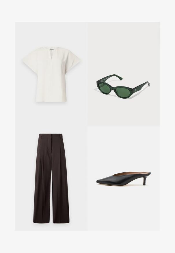 Short-sleeve white top with a V-neck and relaxed silhouette. Smooth fabric with a subtle sheen and side slits for ease of movement.; Black wide-leg trousers with a high waist, featuring front pleats, a smooth texture, and a minimalist design.; Black leather mules with a pointed toe and low, block heel. Smooth texture with a sleek design. Open back with minimal detailing.; Green sunglasses with a glossy finish, rectangular frames, and dark green lenses. Features a subtle logo on the side of the temple.; Black leather tote bag with a square handle, featuring a textured finish and embossed logo. Includes a detachable strap.